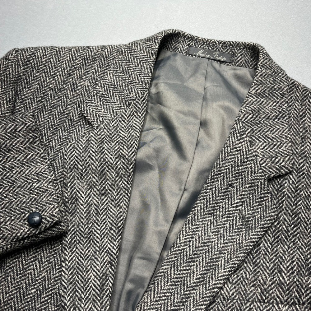 VTG Harris Tweed Mens‎ Herringbone Wool Blazer Grey Black Made in Britain  42R L